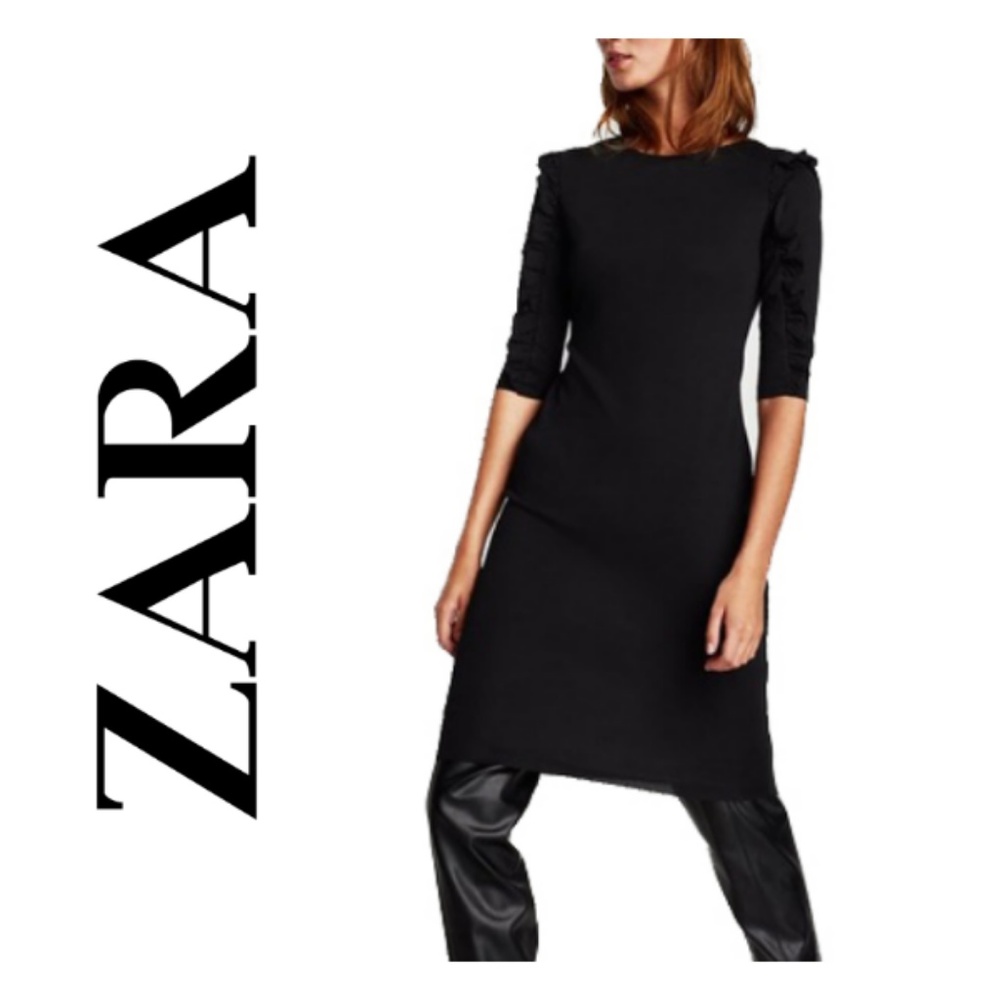 Zara Black Midi Dress with Shoulder Ruffle Detail